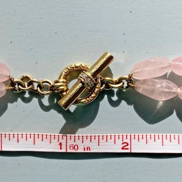 Designer SLANE ~ 18K Yellow Gold ~ Rose Quartz & Diamond Necklace Double Strand - Picture 5 of 16
